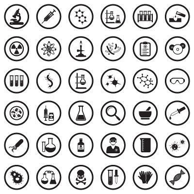 化学图标。圆形黑色平面设计。矢量插图。