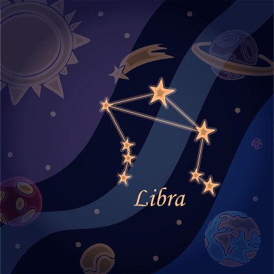 涂鸦星座的天秤座符号的星座矢量插图的占星术和天文学。占星在宇宙背景明亮的恒星