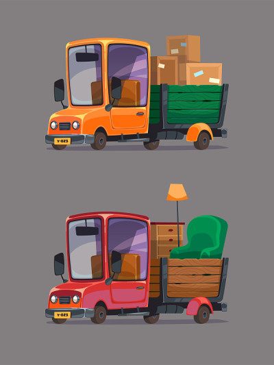 装着箱子和家具的搬家卡车。复古的汽车。矢量插图。卡通风格。现实的。
