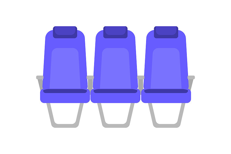 平面彩色插图的蓝色座位。卡通机舱座椅。商务舱座椅。公共汽车上供乘客使用的扶手椅