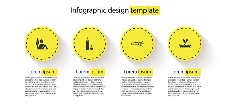 集旅游帐篷、热水瓶、手电筒、漂流艇等于一体。业务信息模板。向量