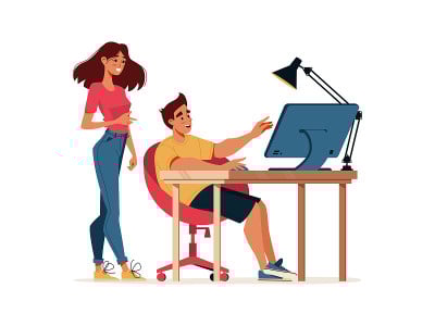 男人在看电脑，女人在看显示器，办公室工作矢量卡通插图。经理和员工在办公室讨论项目或商业计划策略，孤立