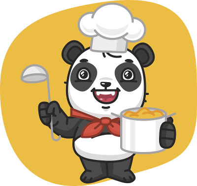 熊猫厨师拿着锅和勺