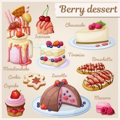 Berry dessert collection. Cartoon style vector ico
