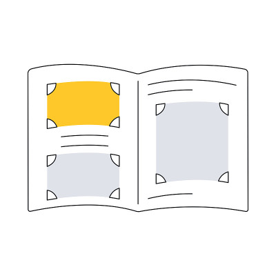 Open photo album with photos in frames and angles 