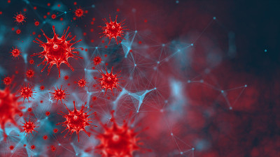 冠状病毒的爆发、细菌的爆发、病毒的感染传播卫生和科学研究。3D病毒和血细胞保健和医疗理念。