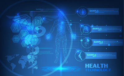 抽象的技术卫生保健;科学蓝图;科学的界面;未来的背景;人类的数字蓝图;人体的3D身体部分，图标健康矢