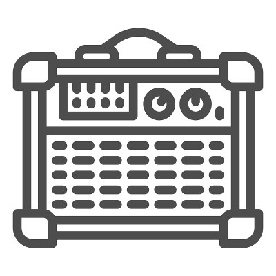 吉他组合放大器线图标，声音设计概念，扬声器为电吉他标志的白色背景，吉他放大器图标的轮廓风格的移动和网