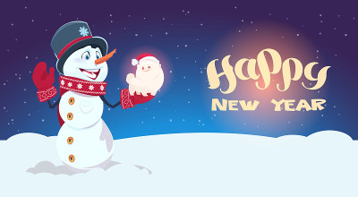 雪人抱可爱的狗象征新年2018装饰节日贺卡