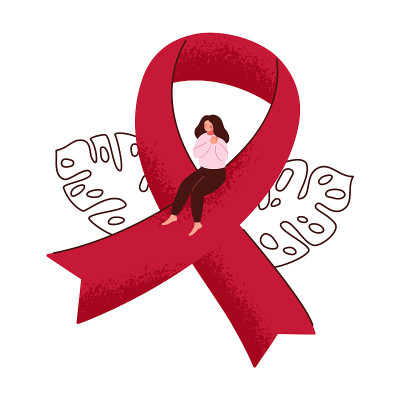 一名妇女坐在红丝带上，支持提供艾滋病毒预防和治疗。