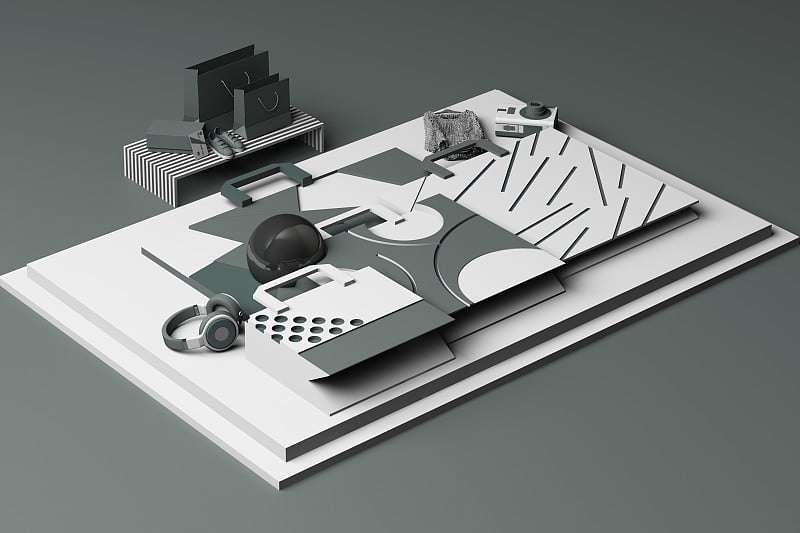 购物袋的设计以灰色调的几何孟菲斯风格形状构成。3 d渲染图