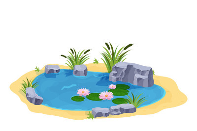湖水平静，百合，芦苇和石头卡通风格孤立在白色的背景。户外天然池塘。矢量图