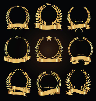 金色月桂花环与金色丝带向量收集