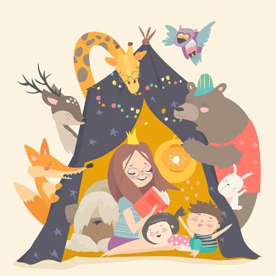 Mum and her kids reading book in a tepee tent