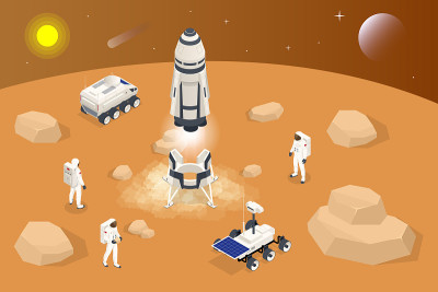 等距火箭在火星上起飞或着陆。火星殖民，生物地化，副地化，适应火星上的人类。航天和空间技术。