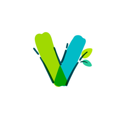 V字母标志与绿叶手写与毡尖笔。