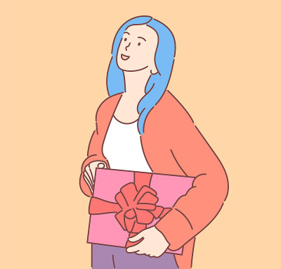 节日、礼物、庆祝概念。年轻快乐快乐微笑激动的女姑娘抱着礼物。新年，圣诞节或生日礼物赠送插图。
