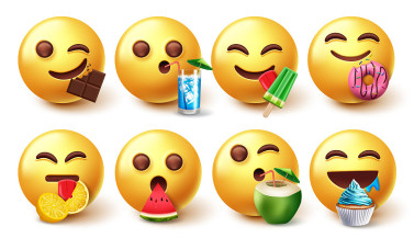 表情符号吃字符向量集。Emojis 3d吃和喝的食物，如水果和甜点孤立在白色背景的表情包吃和喝的脸收