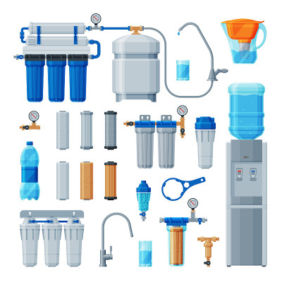 采购产品水过滤器收集，水清洗设备，净化矢量图的特殊现代技术