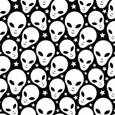 白人外星人的头被隔离在黑色背景下。可爱的单色无缝图案。矢量简单的平面图形插图。纹理。