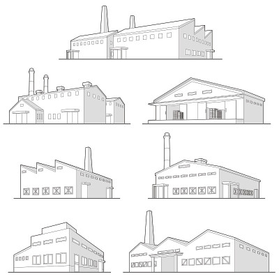 各种建筑物的矢量插图。画线。