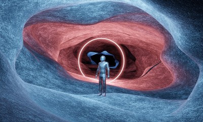 一个穿着科幻宇航员服装的男人，从一个外星洞穴中，进入了一个氖光环入口。奇妙的地下城市内部。三维渲染