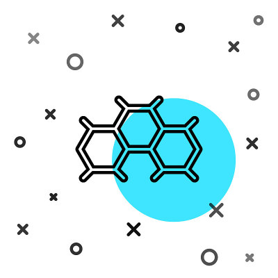 黑线化学公式图标孤立在白色背景上。摘要六边形用于创新医药、卫生、科研和科学。随机动态形状。向量