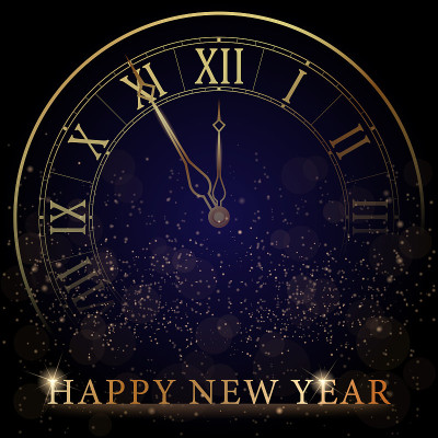 金色时钟拨号与罗马数字在魔术圣诞闪光的背景。新年倒计时和钟声。十二点差五分钟。向量