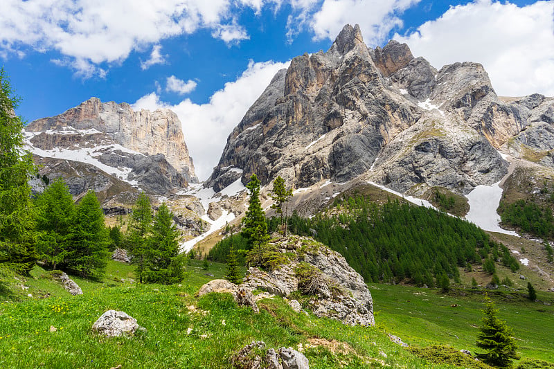 从Val Rosalia, Dolomites，意大利美丽的夏季马尔莫拉达山丘。