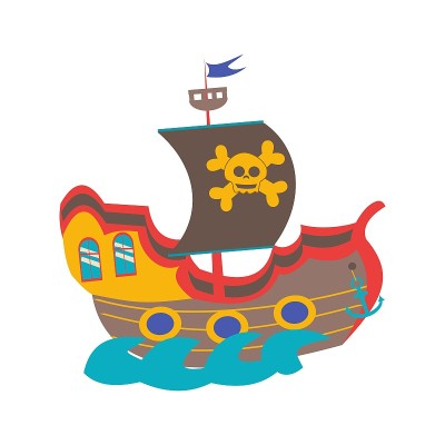 挂着海盗旗的海盗船。可爱卡通矢量插图