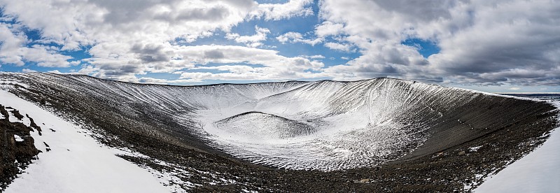 在冰岛北部的Myvatn，在多云的日子里，阳光明媚的Hverfjall火山火山口的全景图。