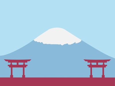 日本文化日背景或贺卡设计。一个日本大门的插图与富士山在背景，和一个复制空间区域。适合放置在与该主题相