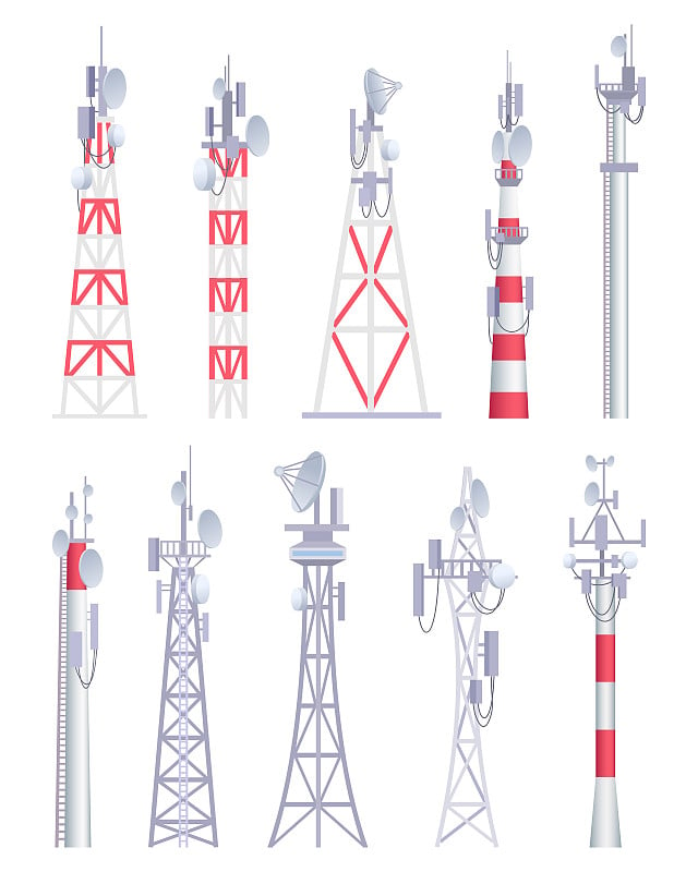 通信塔。蜂窝广播电视无线无线电天线卫星建设矢量图片卡通风格
