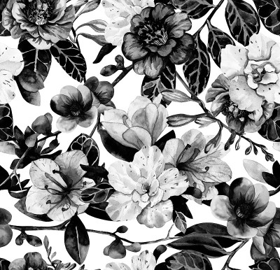 亚热带的花。无缝图案与杜鹃花，木兰，山茶和榅桲画在水彩
