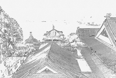 台湾日月潭文武寺写生风景画。