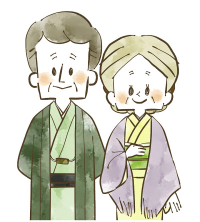 穿着日本和服的老夫妇