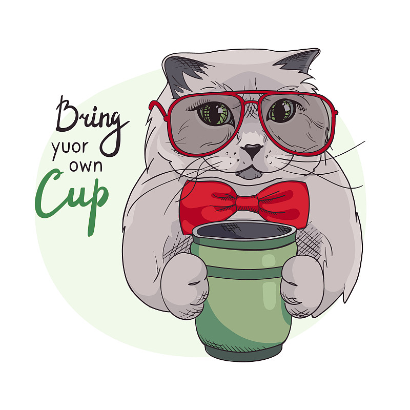 Eco-friendly banner. Cat, lettering Bring your cup