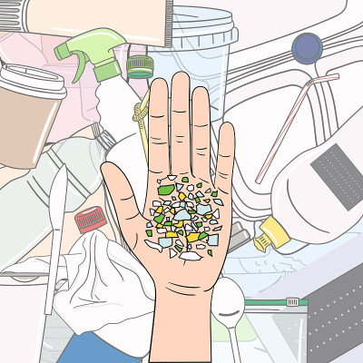 Micro beads on the palm. Microplastics from misman