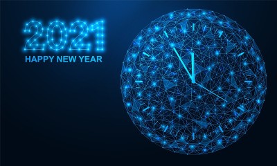 2021年新年快乐。时钟显示差5分12点。