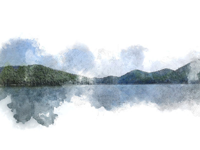 美丽的山峰和河流自然的黑白颜色形状为背景。