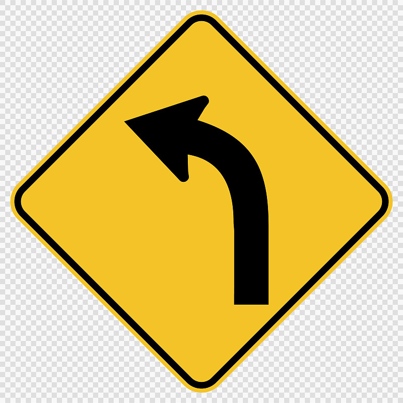 Curved Left Traffic Road Sign on transparent backg