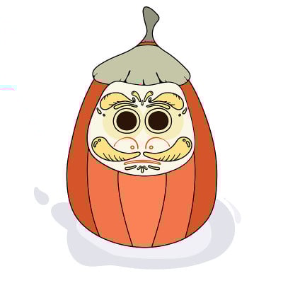 日本风格的万圣节南瓜。达摩娃娃南瓜。万圣节的概念设计。漫画风格。用于海报、卡片、聚会或主题活动的传单