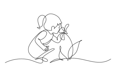 孩子闻花