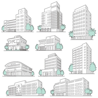 各种建筑物的矢量插图。画线。