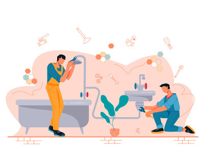 水暖维修服务员工在工作时，平面矢量插图孤立。
