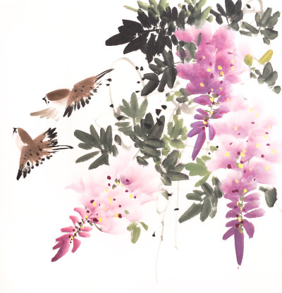 紫藤花鱼，中国传统水墨画。