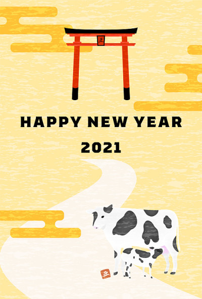 新年贺卡明信片模板2021牛年，形象牛的第一年神殿和神的信使