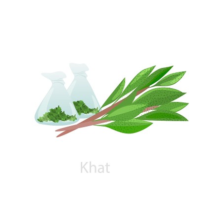 Bundles of khat leaves with raw materials in flask
