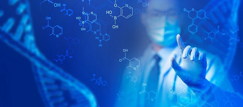 科学医疗保健知识和技术理念。拥有未来化学DNA和化学符号蓝色背景的博士科学家