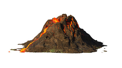火山喷发，熔岩从火山上流下，孤立在白色背景上(3d科学渲染)